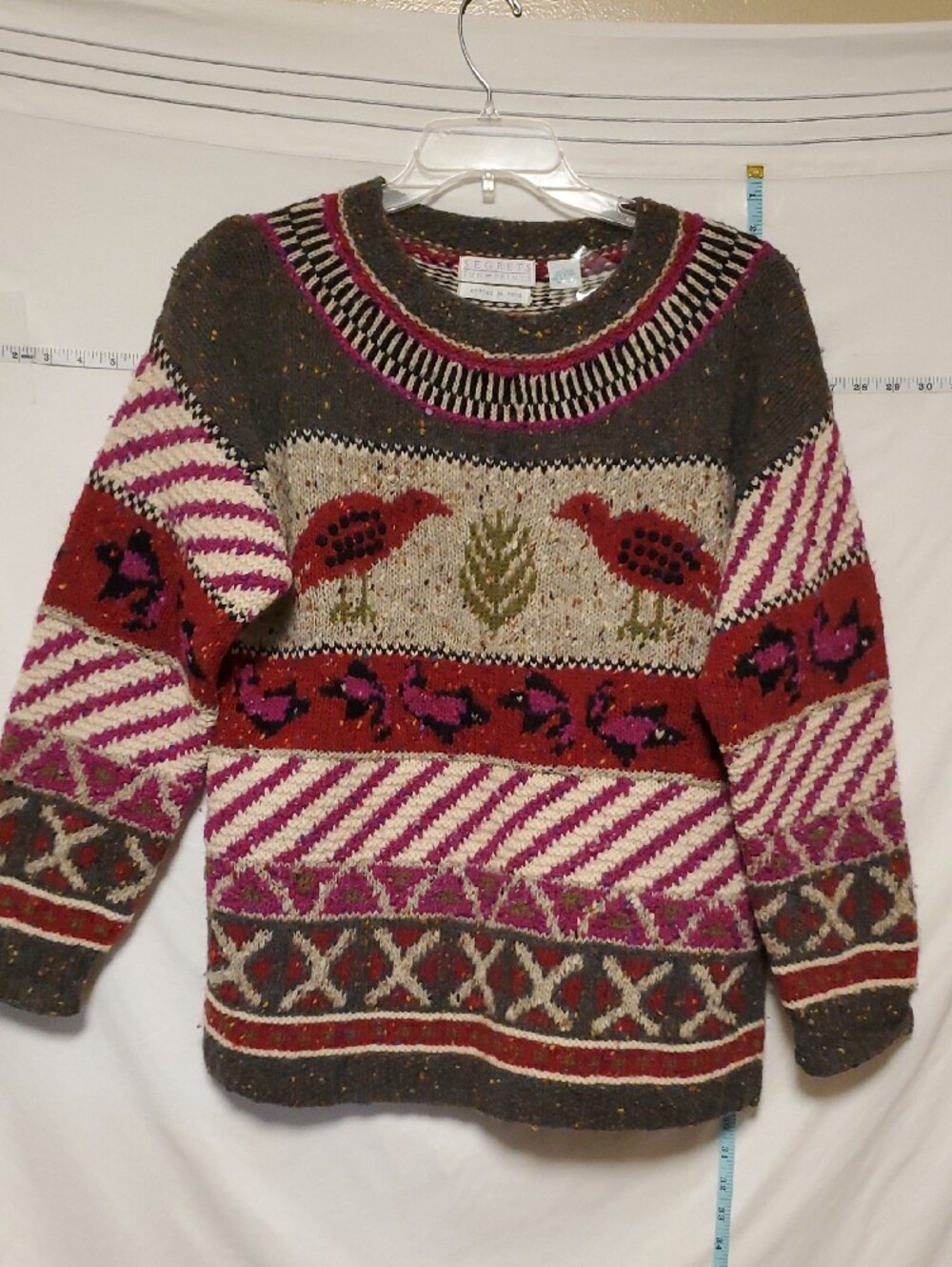 Vintage Wool Hand-Knitted Multicolor Crewneck Sweater L Cottagecore Winter Artsy